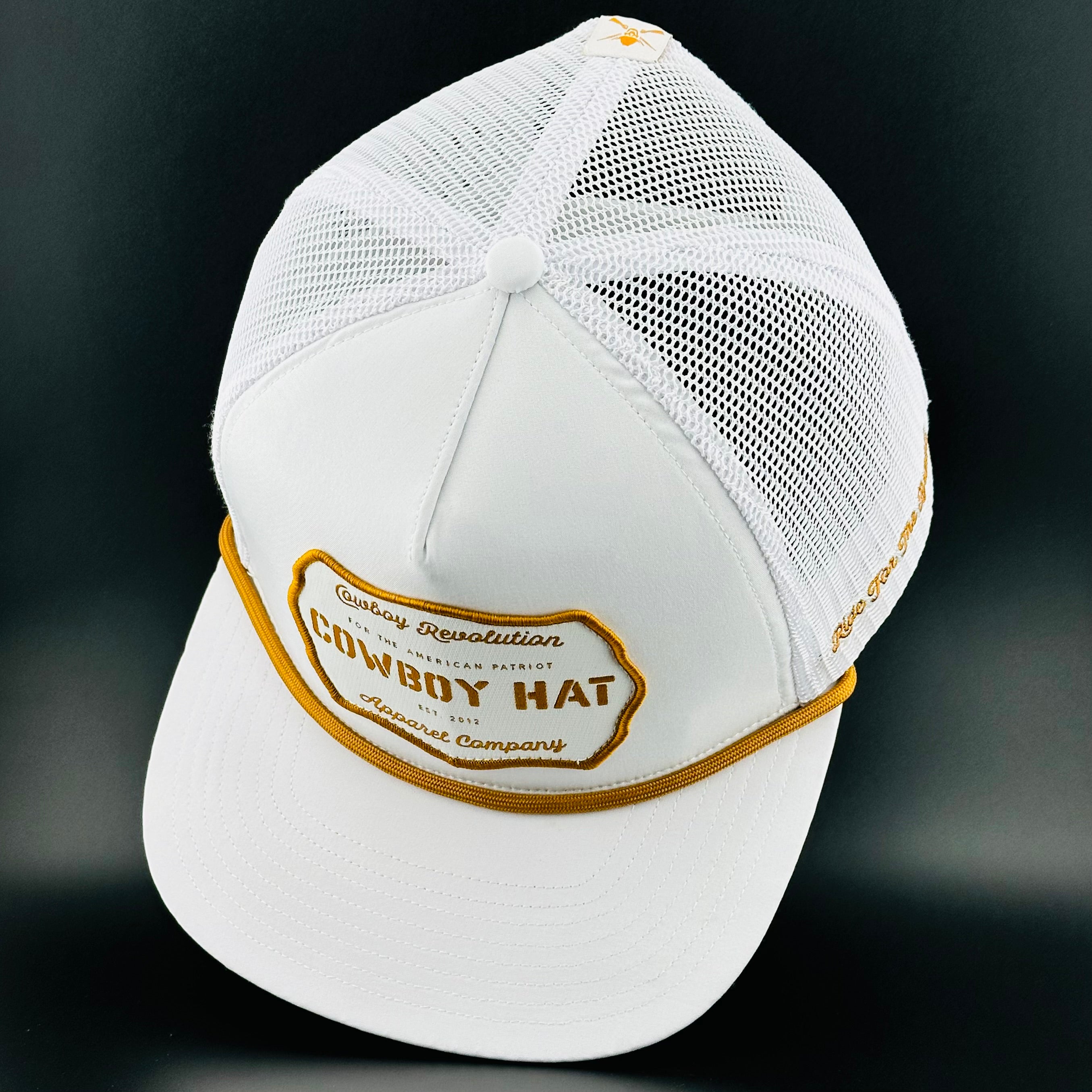 “Cowboy Hat” Patch Rope Trucker Hat - White