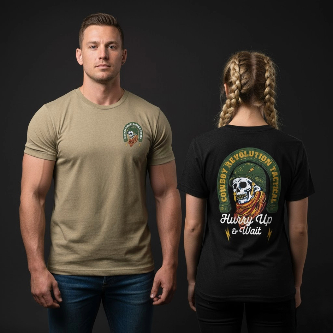 "Hurry Up & Wait" Cowboy Revolution Short Sleeve Tri-Blend Tee