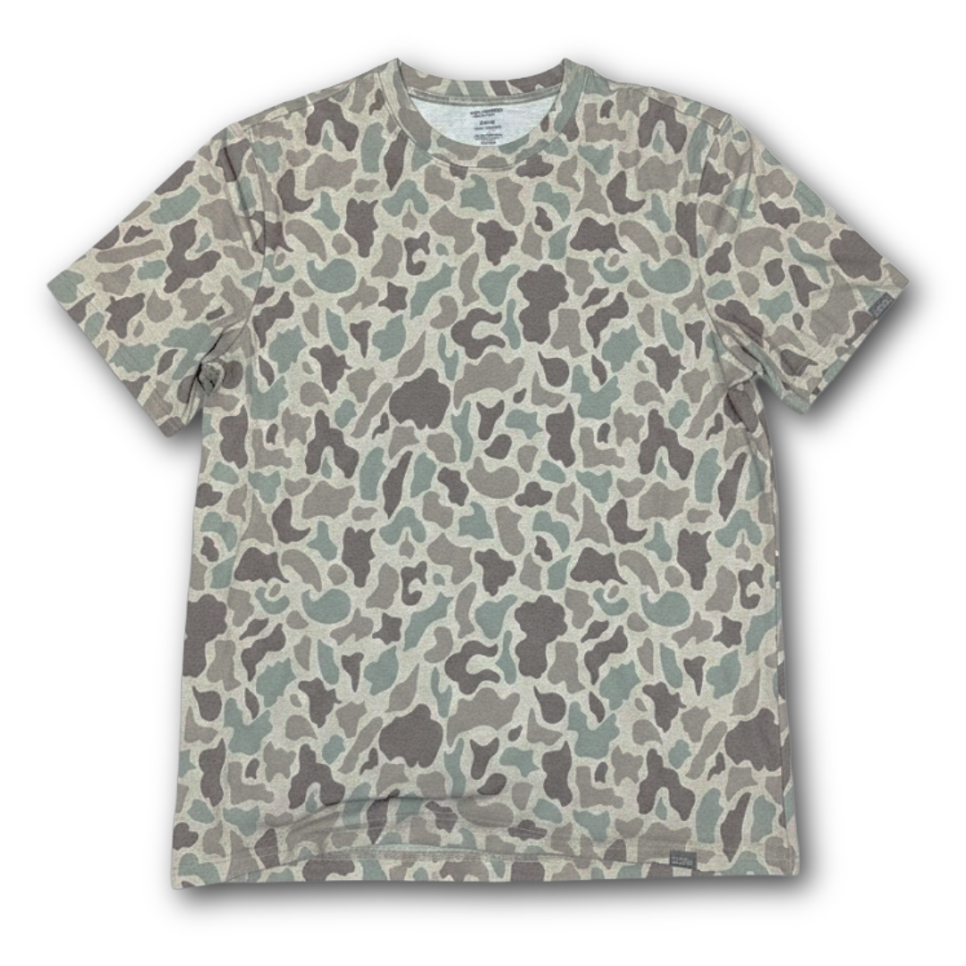 Camouflage-patterned t-shirt on a white background