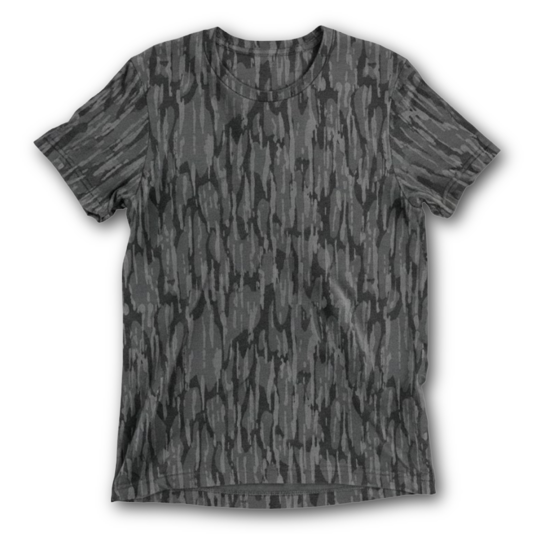Black and gray camouflage t-shirt on a white background