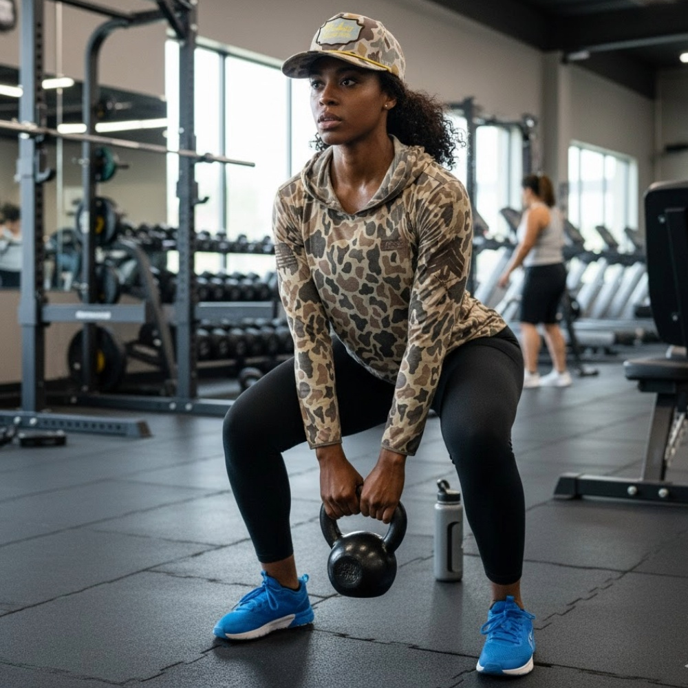 Woman exercising with a kettlebell in a gym setting