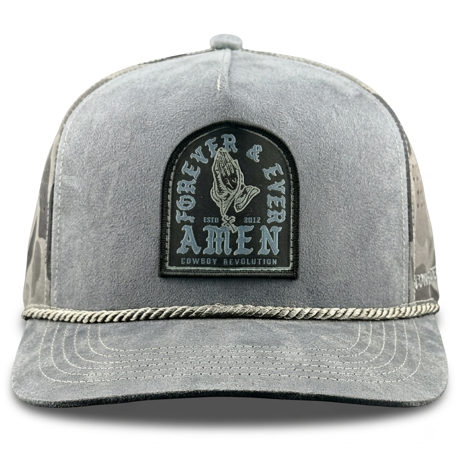 A gray distressed trucker hat with a black embroidered front patch reading 'FOREVER & EVER AMEN COWBOY REVOLUTION' and a fish graphic, shown on a white background.