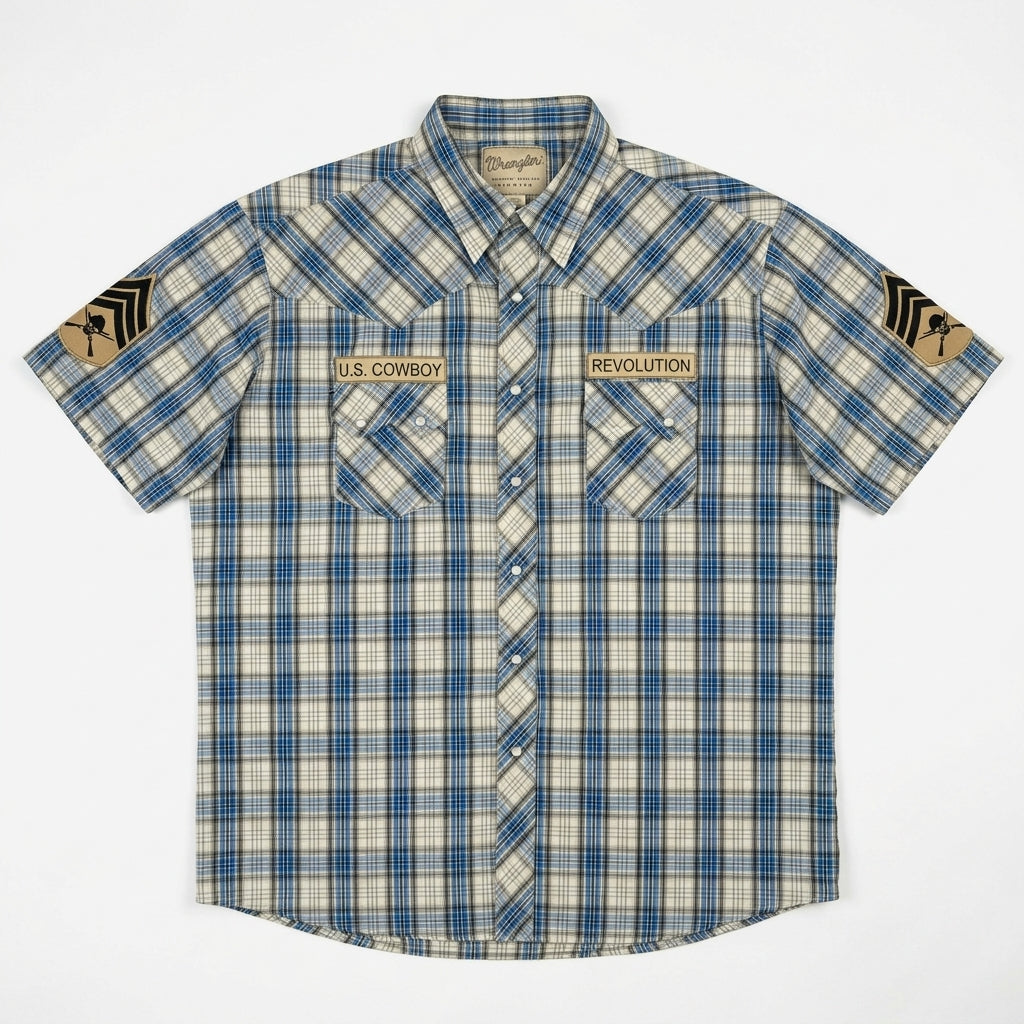 Cowboy Revolution Custom Pearl Snap - Short Sleeve - Tan/Blue Plaid (Size 3XL)