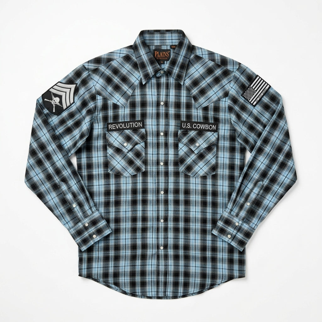 Cowboy Revolution Custom Pearl Snap - Long Sleeve - Blue/Black Plaid (Size Small)