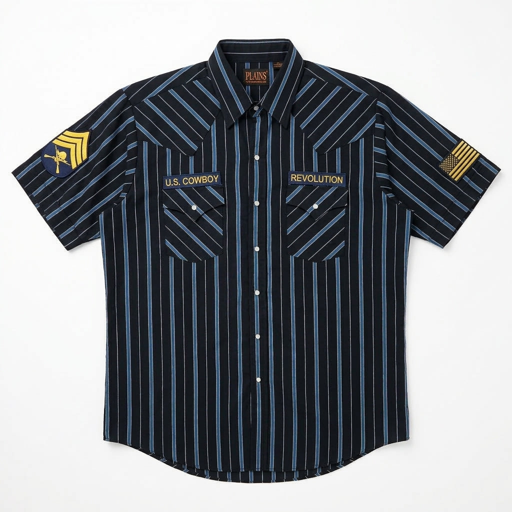 Cowboy Revolution Custom Pearl Snap - Short Sleeve - Navy Stripe (Size Large)