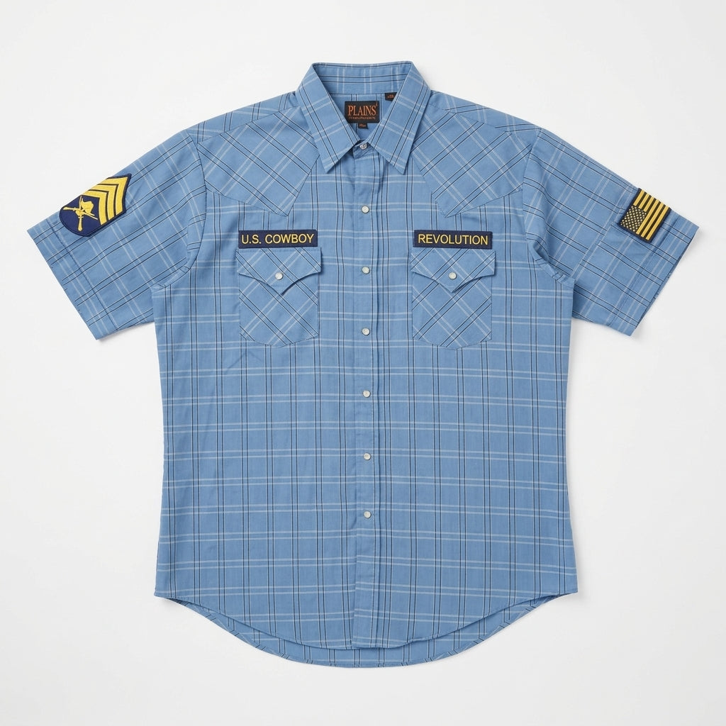 Cowboy Revolution Custom Pearl Snap - Short Sleeve - Blue Plaid (Size Large)