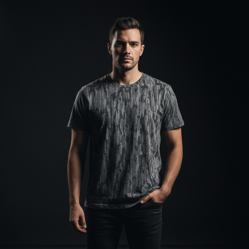 Man wearing a dark patterned t-shirt against a black background