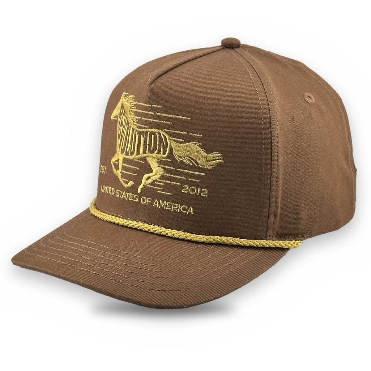 A brown baseball cap featuring a gold embroidered horse graphic with the text 'EST. 2012 UNITED STATES OF AMERICA' and a gold braided rope detail around the brim, shown on a white background.
