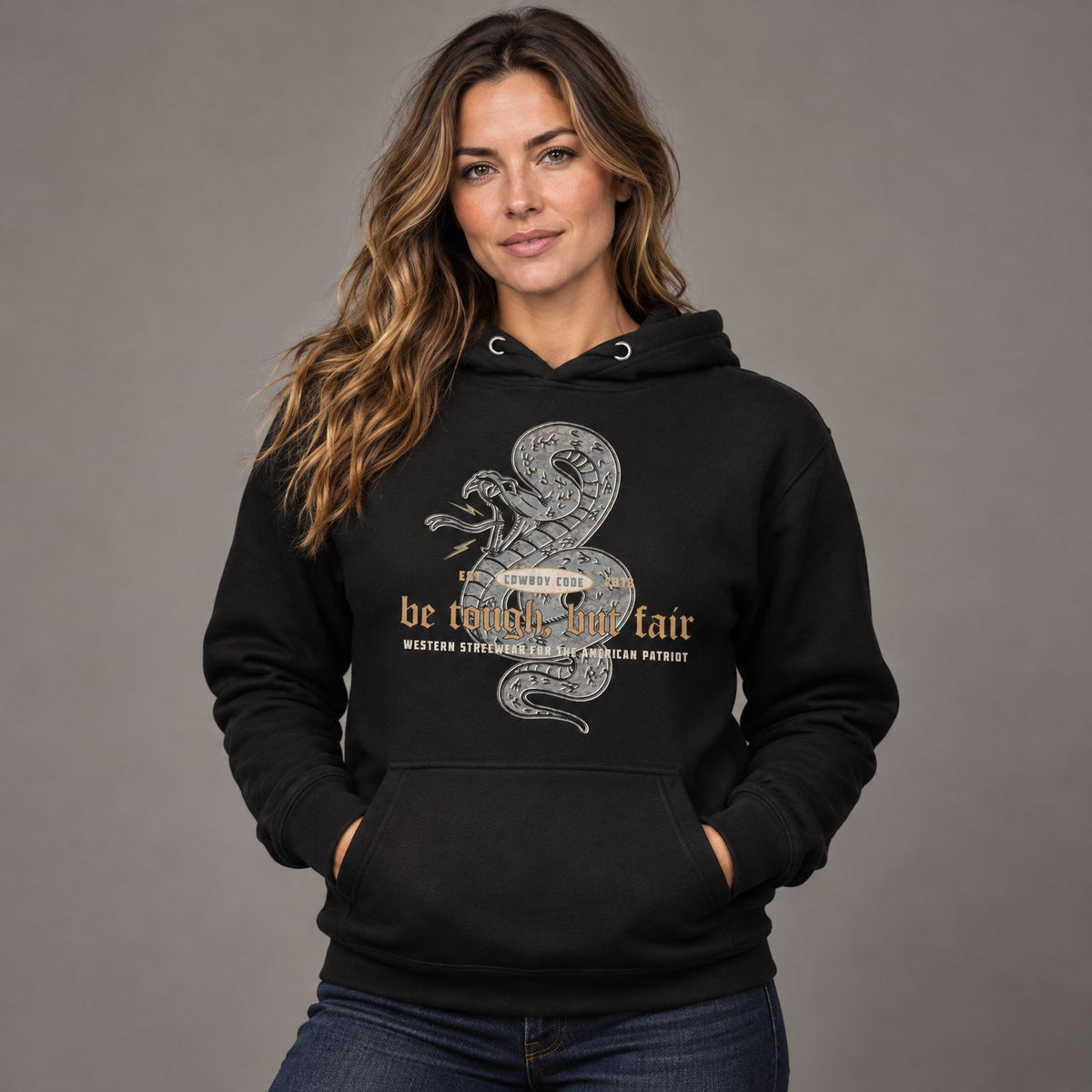 Cowboy Code #5 Tough But Fair hoodie worn by female model in studio