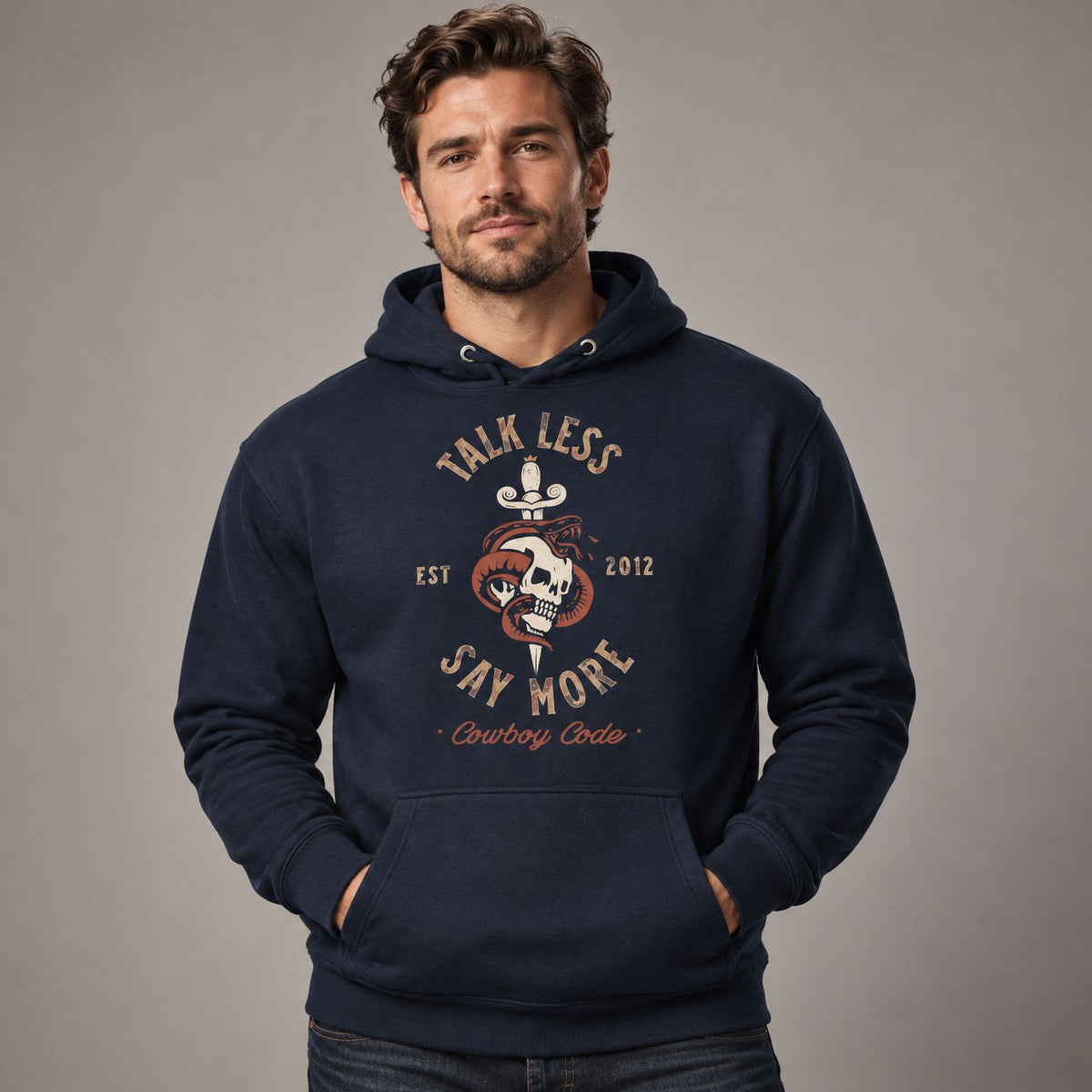 Cowboy Code #8 Talk Less Say More hoodie worn by male model in studio
