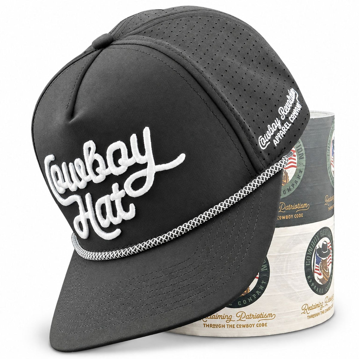 Cowboy Hat Summer Edition performance rope hat black on Cowboy Revolution display stand, on white
