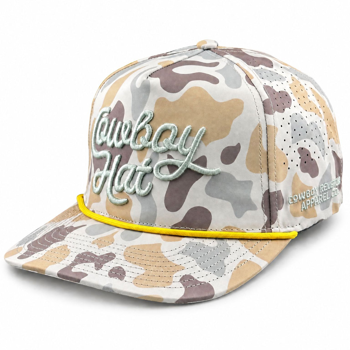 Marshland Camo Script Cowboy Hat performance rope hat - front view on white