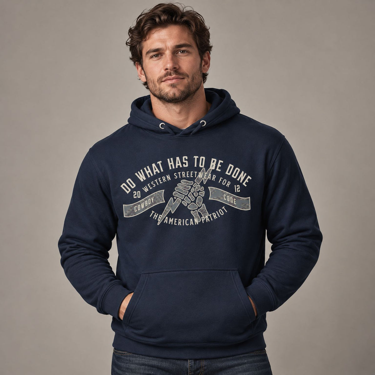 Cowboy Code #4 Get It Done hoodie worn by male model in studio