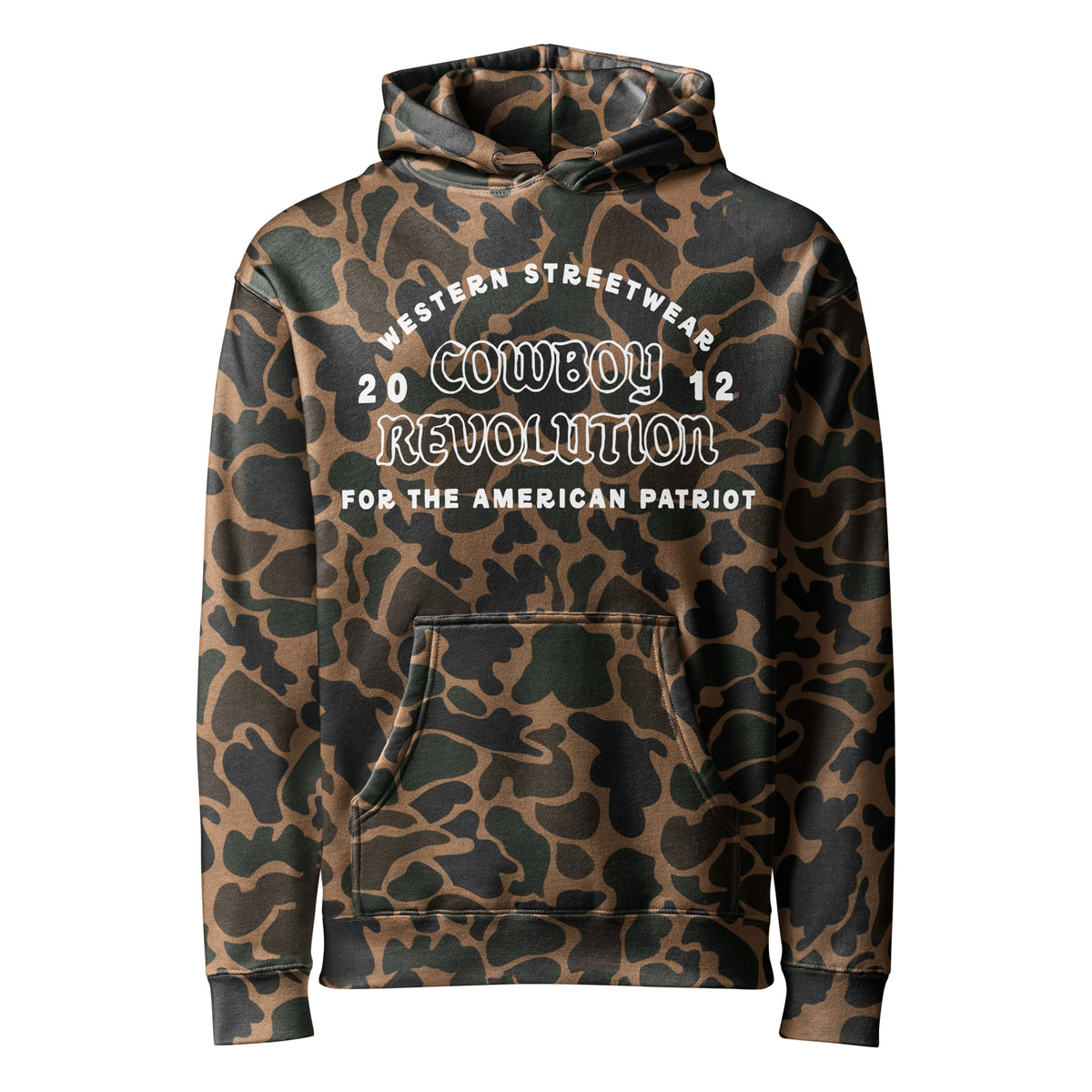 Cowboy Revolution Western Streetwear logo heavyweight hoodie in Duck Camo, front view