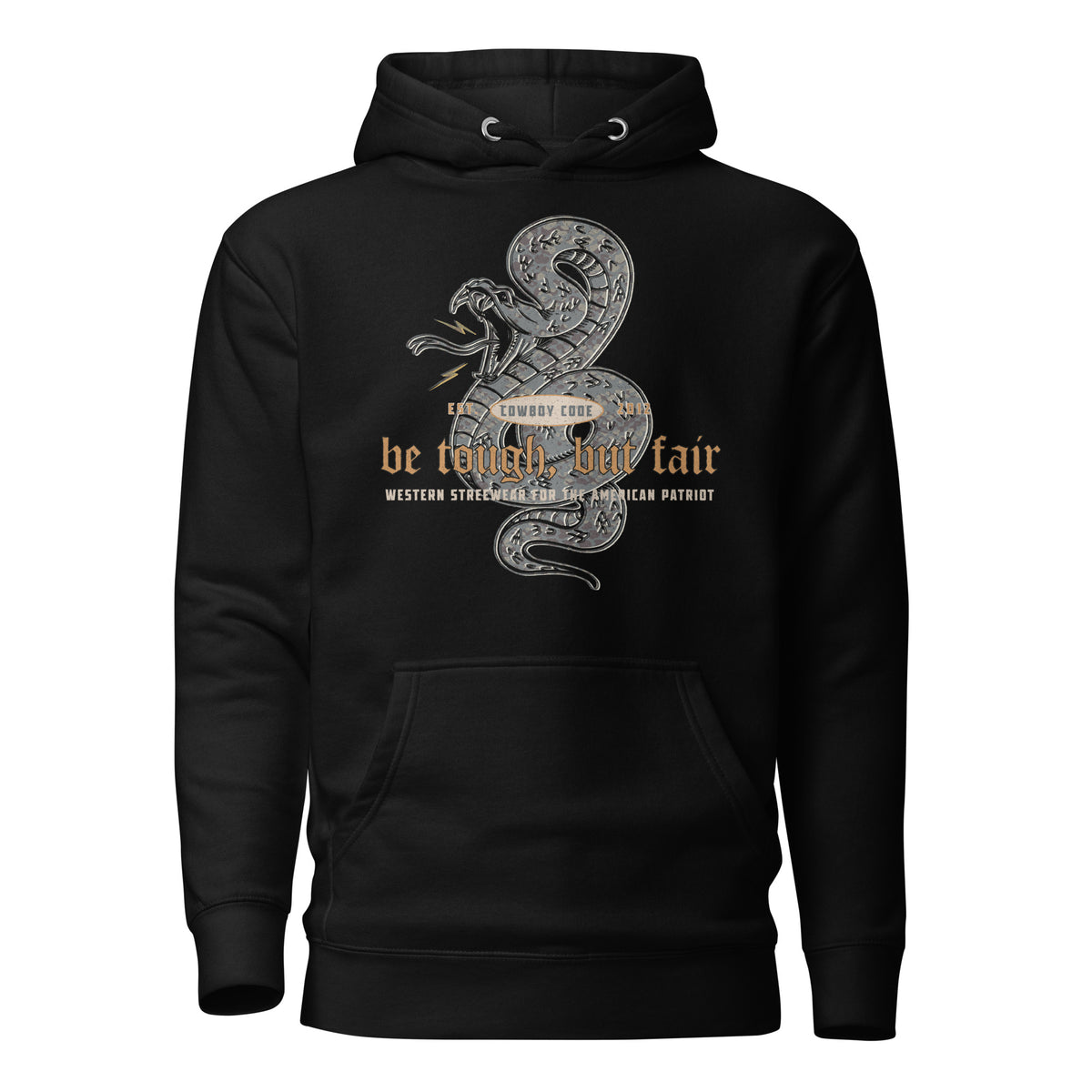 Cowboy Code #5 Tough But Fair premium hoodie in black with rattlesnake emblem, front view