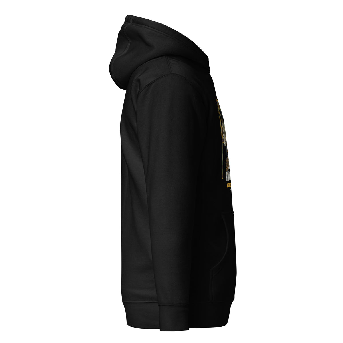 Cowboy Code #7 Ride for the Brand premium hoodie in black with cowboy skeleton and camo flag, right view