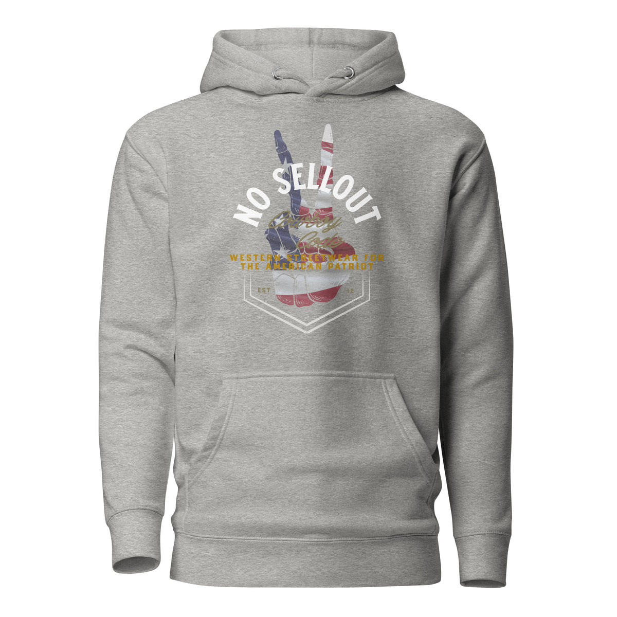 Cowboy Code #9 No Sellout premium hoodie in carbon grey with American flag badge, front view