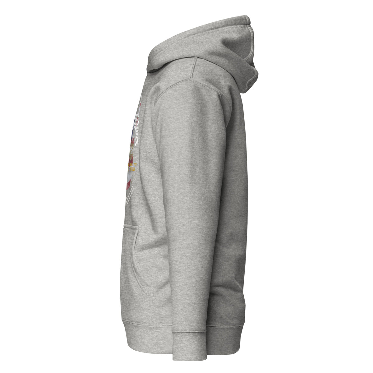 Cowboy Code #9 No Sellout premium hoodie in carbon grey with American flag badge, left view