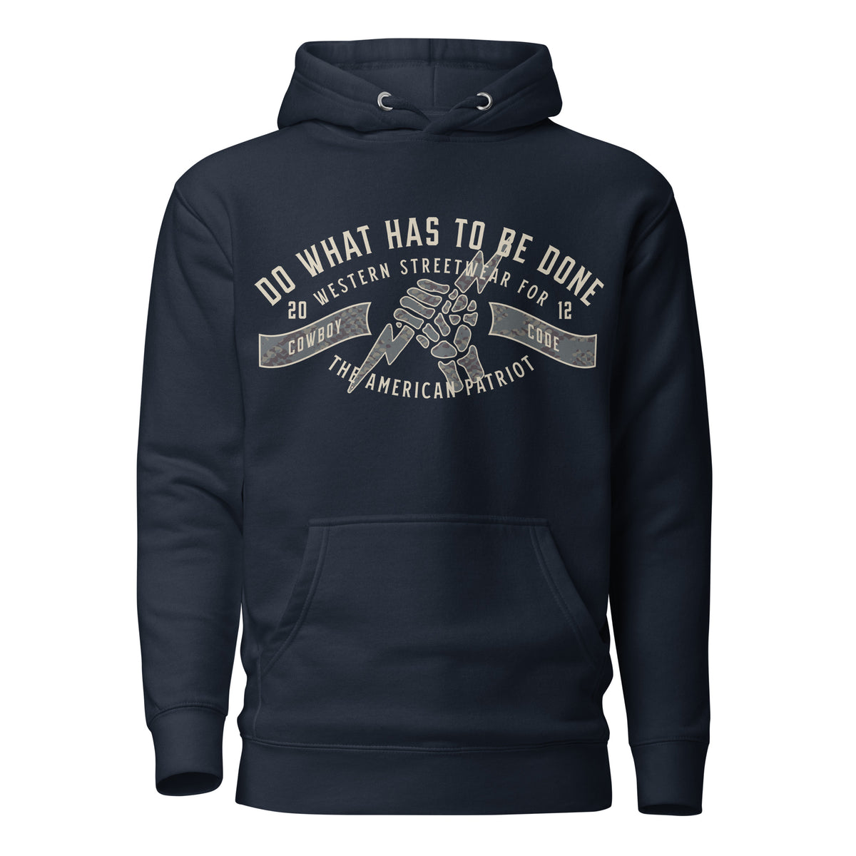 Cowboy Code #4 Get It Done premium hoodie in navy with skeleton hand graphic, front view