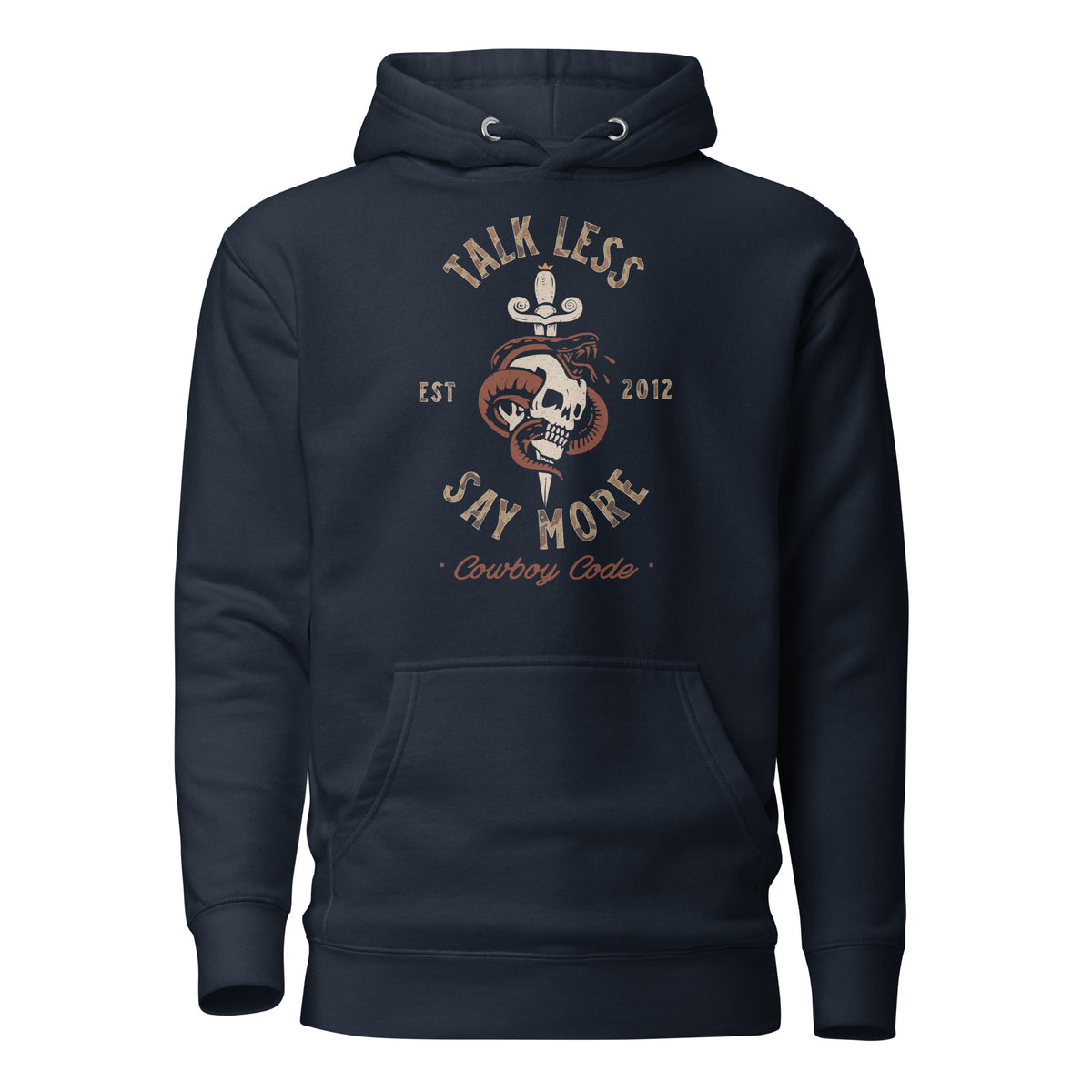 Cowboy Code #8 Talk Less Say More premium hoodie in navy with tattoo-flash skull graphic, front view