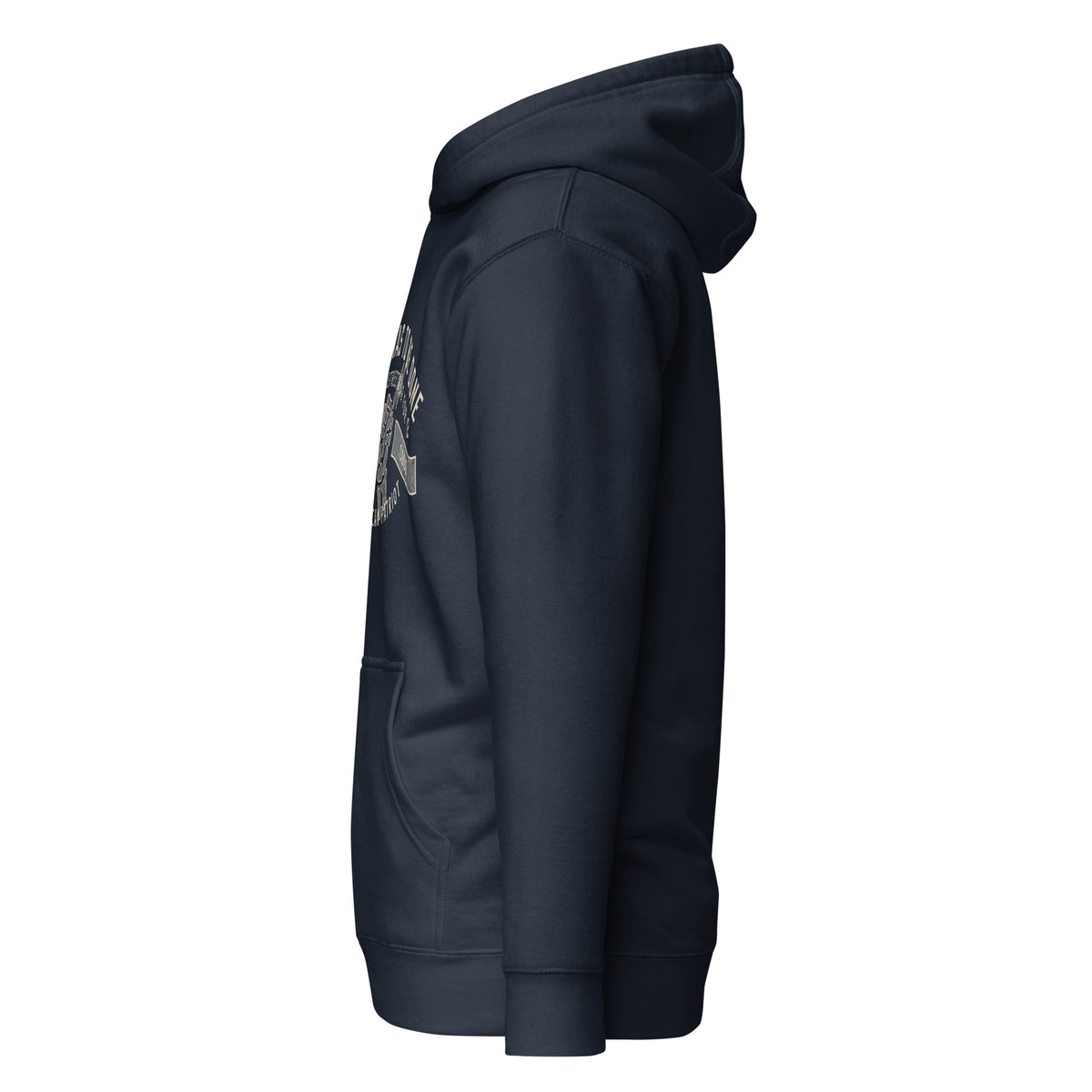 Cowboy Code #4 Get It Done premium hoodie in navy with skeleton hand graphic, left view