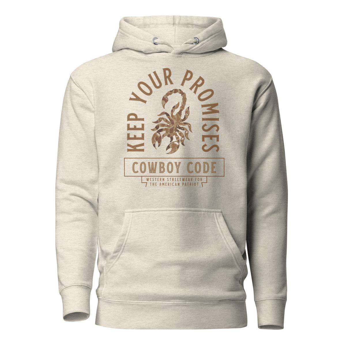 Cowboy Code #6 Promises premium hoodie in oatmeal heather with scorpion graphic, front view