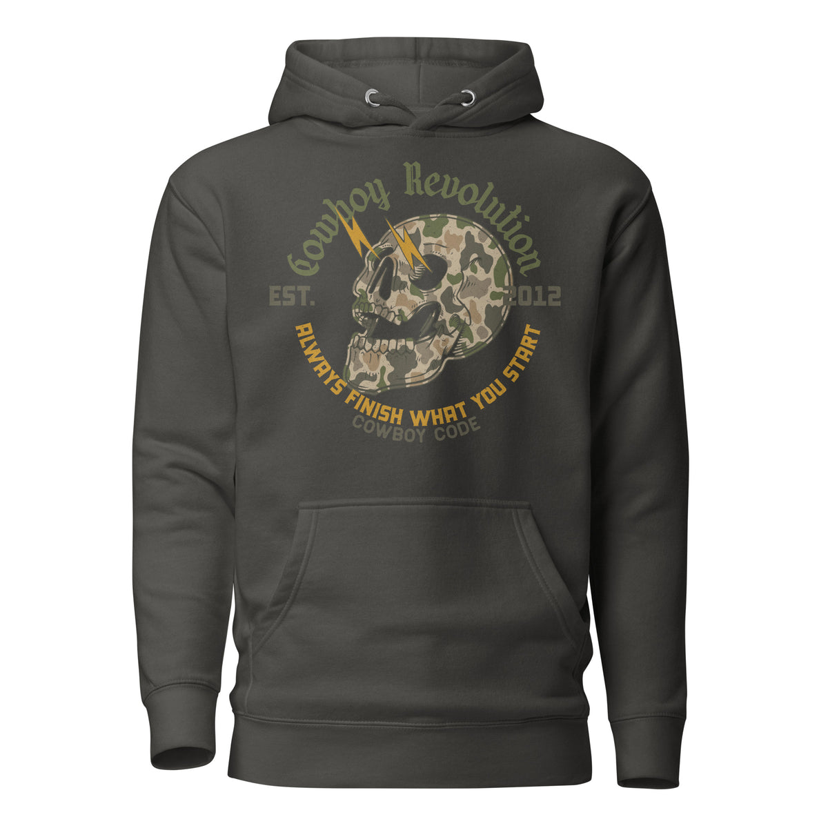 Cowboy Code #3 Finish premium hoodie in vintage black with skull graphic, front view
