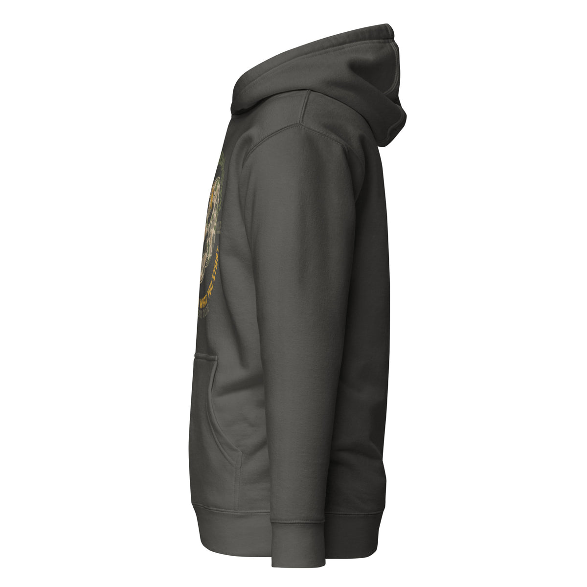Cowboy Code #3 Finish premium hoodie in vintage black with skull graphic, left view