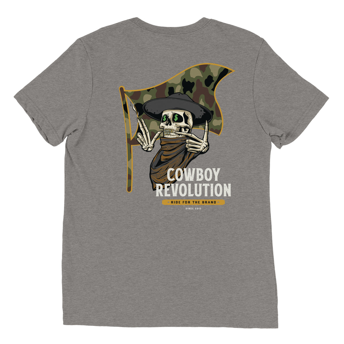 Cowboy Code #7 Ride for the Brand tee in Grey, back view, Cowboy Revolution Western graphic t-shirt