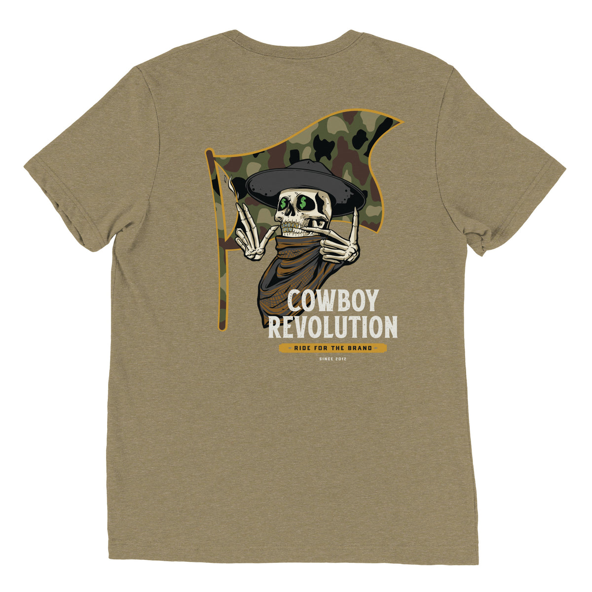 Cowboy Code #7 Ride for the Brand tee in Olive, back view, Cowboy Revolution Western graphic t-shirt