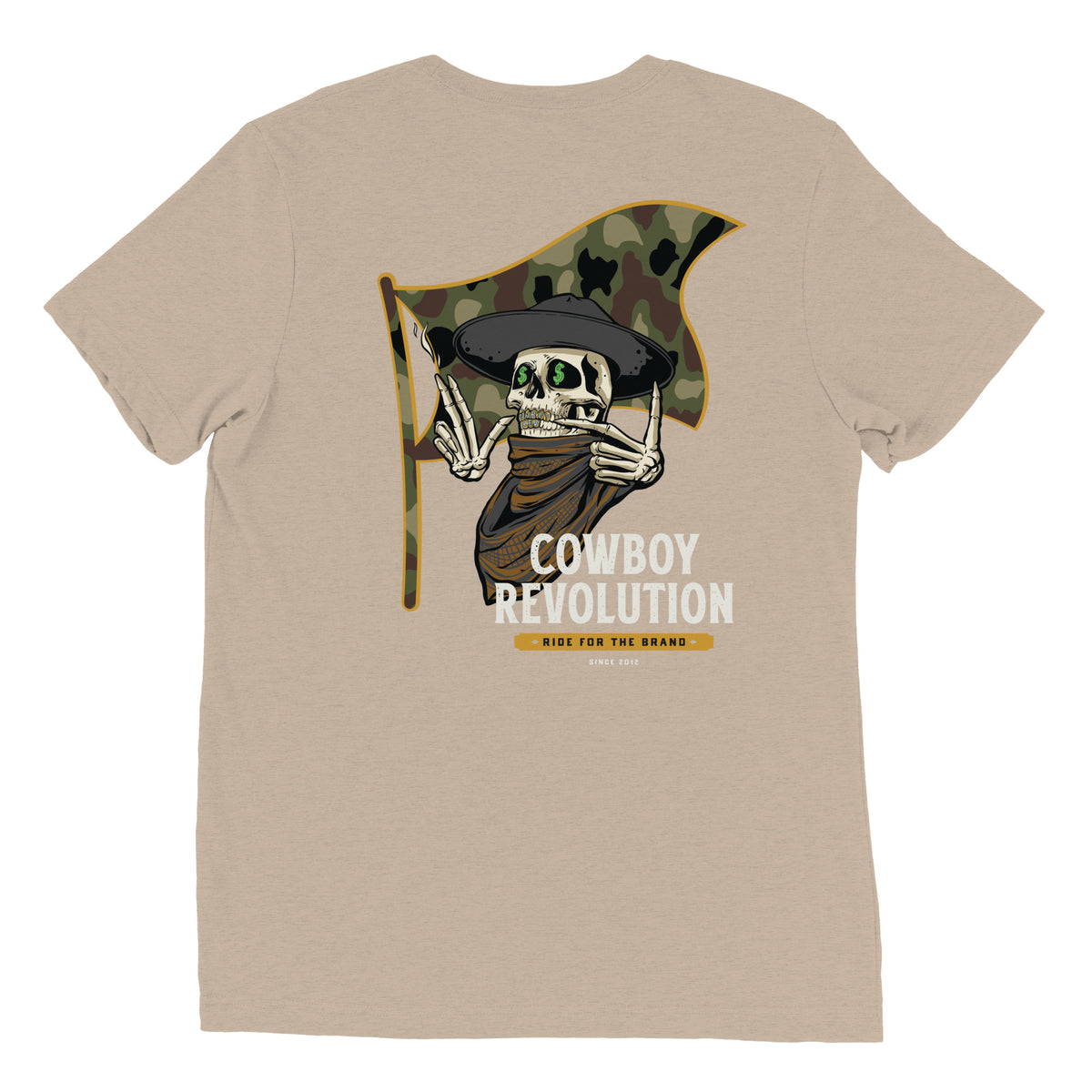 Cowboy Code #7 Ride for the Brand tee in Tan, back view, Cowboy Revolution Western graphic t-shirt