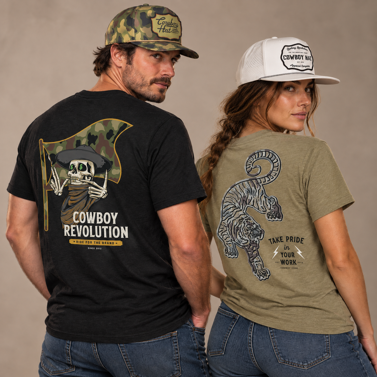 Cowboy Code Collection: male and female models in Cowboy Revolution Western graphic tees and performance rope hats