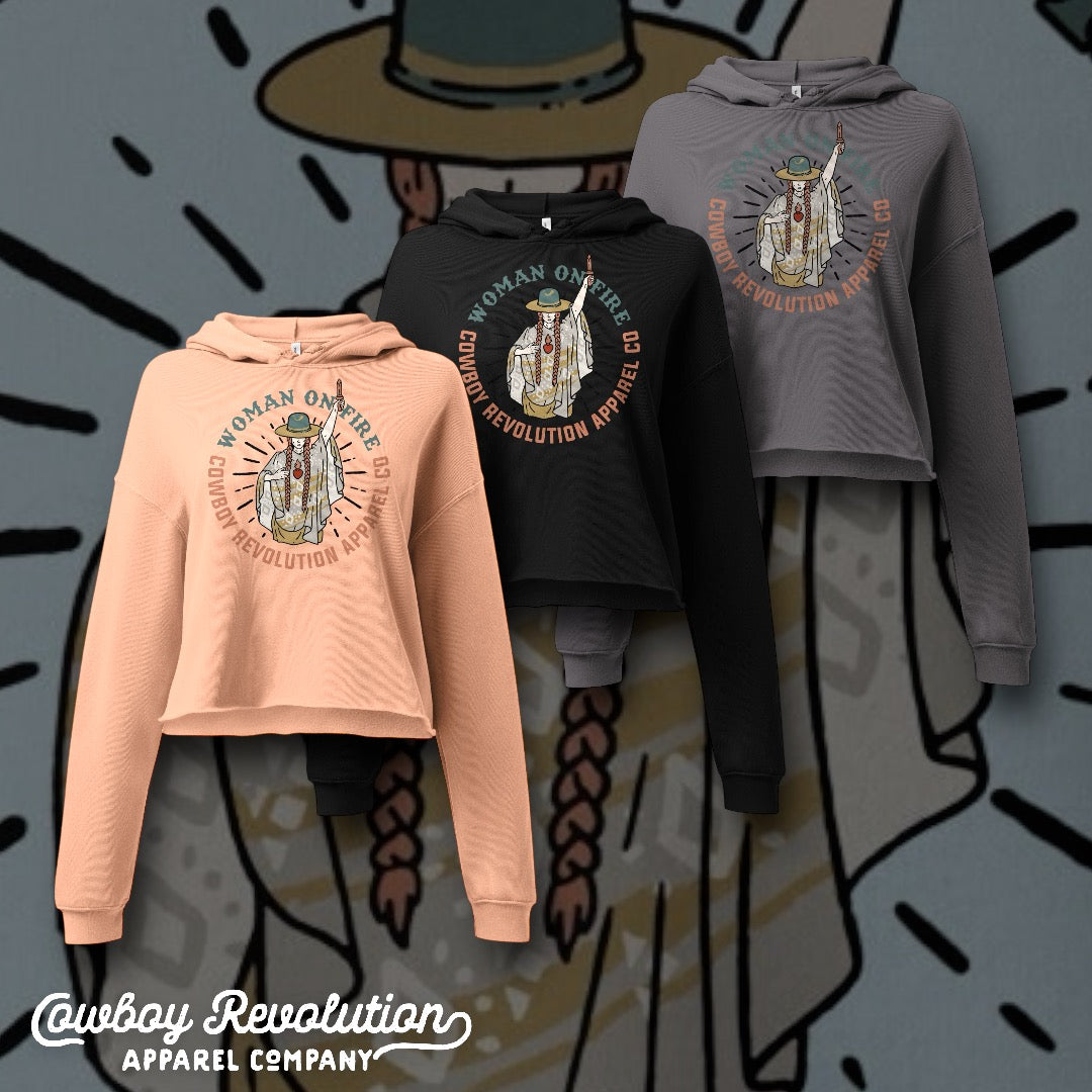 "Woman On Fire" Cowboy Revolution Women's Fit Crop Hoodie