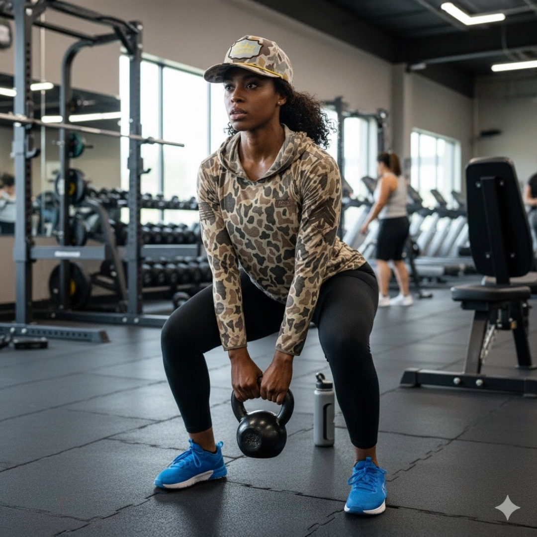 Woman exercising with a kettlebell in a gym setting
