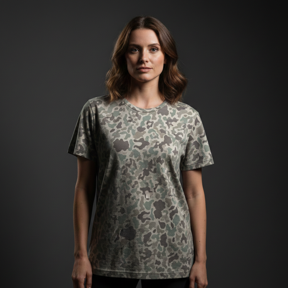 Woman wearing a camouflage t-shirt against a dark background