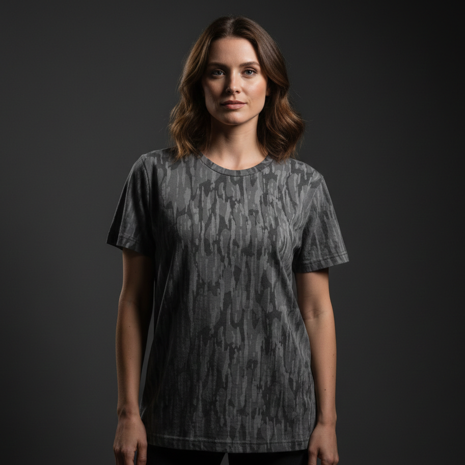 Woman wearing a gray patterned t-shirt against a black background