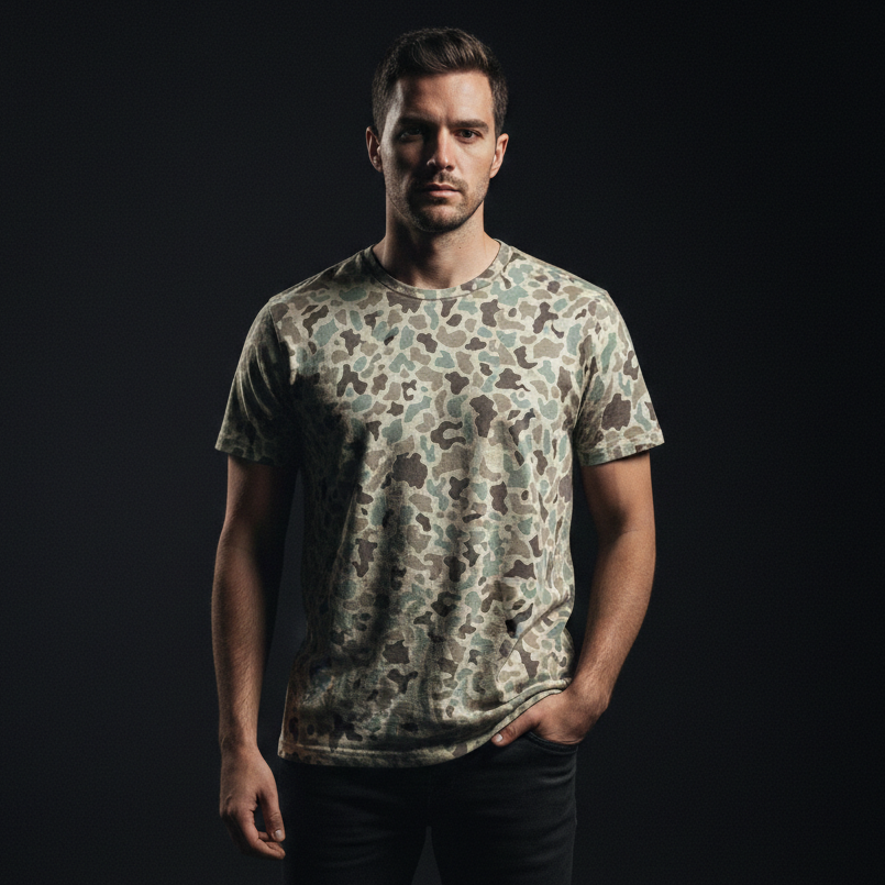 Man wearing a camouflage t-shirt against a black background