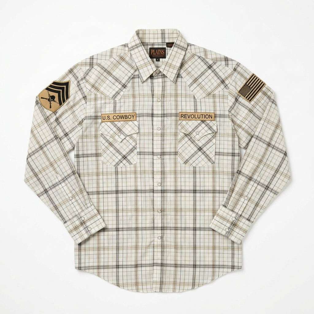 Cowboy Revolution Custom Pearl Snap - Long Sleeve - White/Tan Plaid (Size 2XL)
