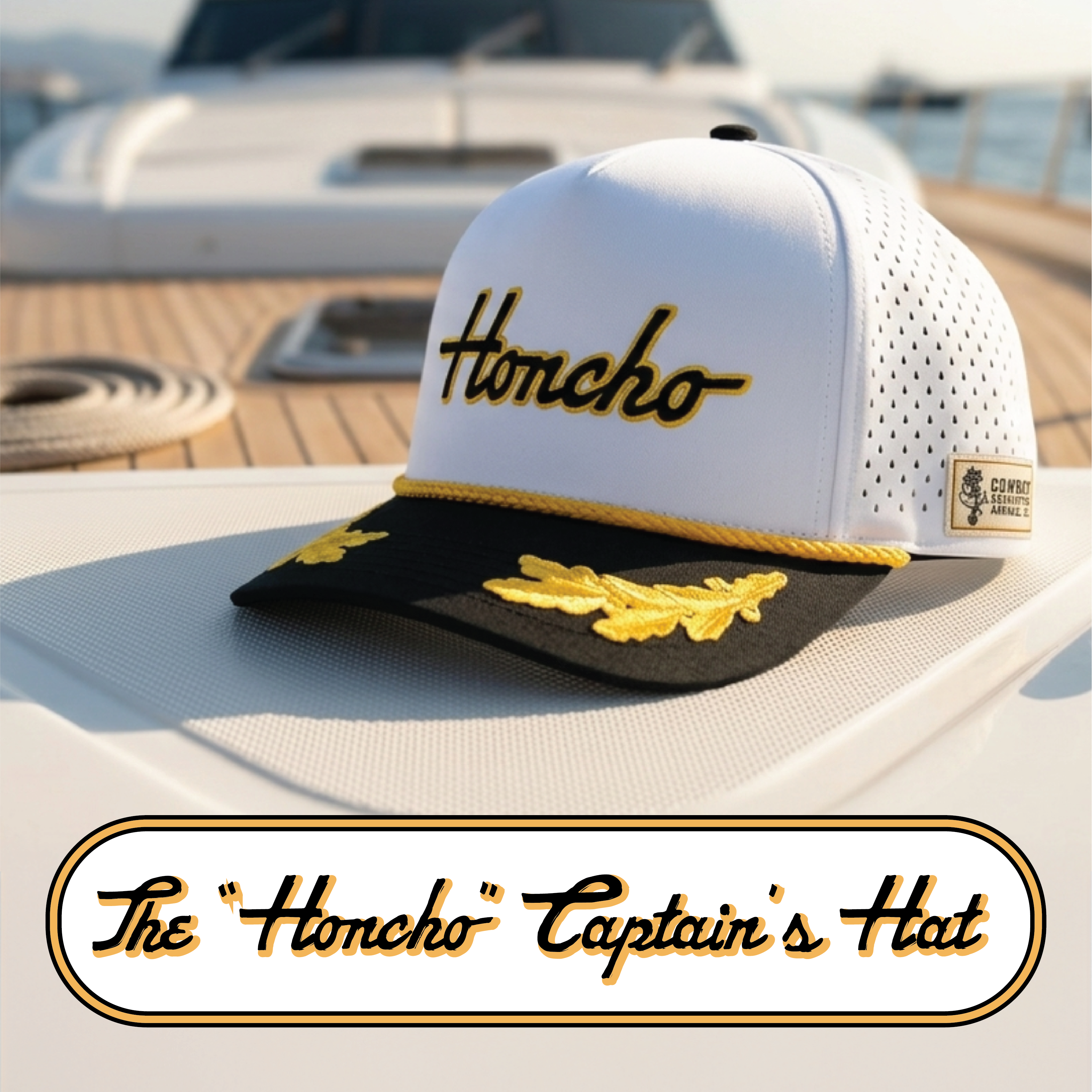 White cap with black brim and gold text on a boat, with a yacht in the background.
