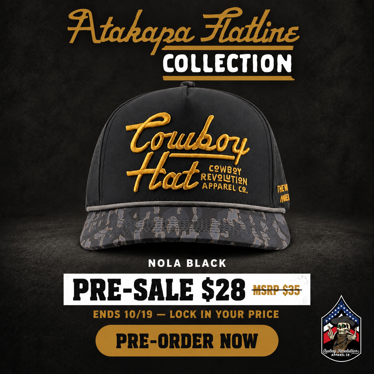 Cowboy Revolution Atakapa Flatline NOLA Black Cowboy Hat pre-sale card