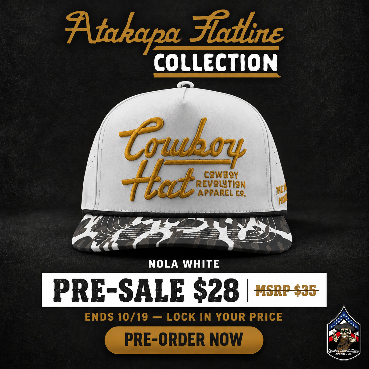 Cowboy Revolution Atakapa Flatline NOLA White Cowboy Hat pre-sale card