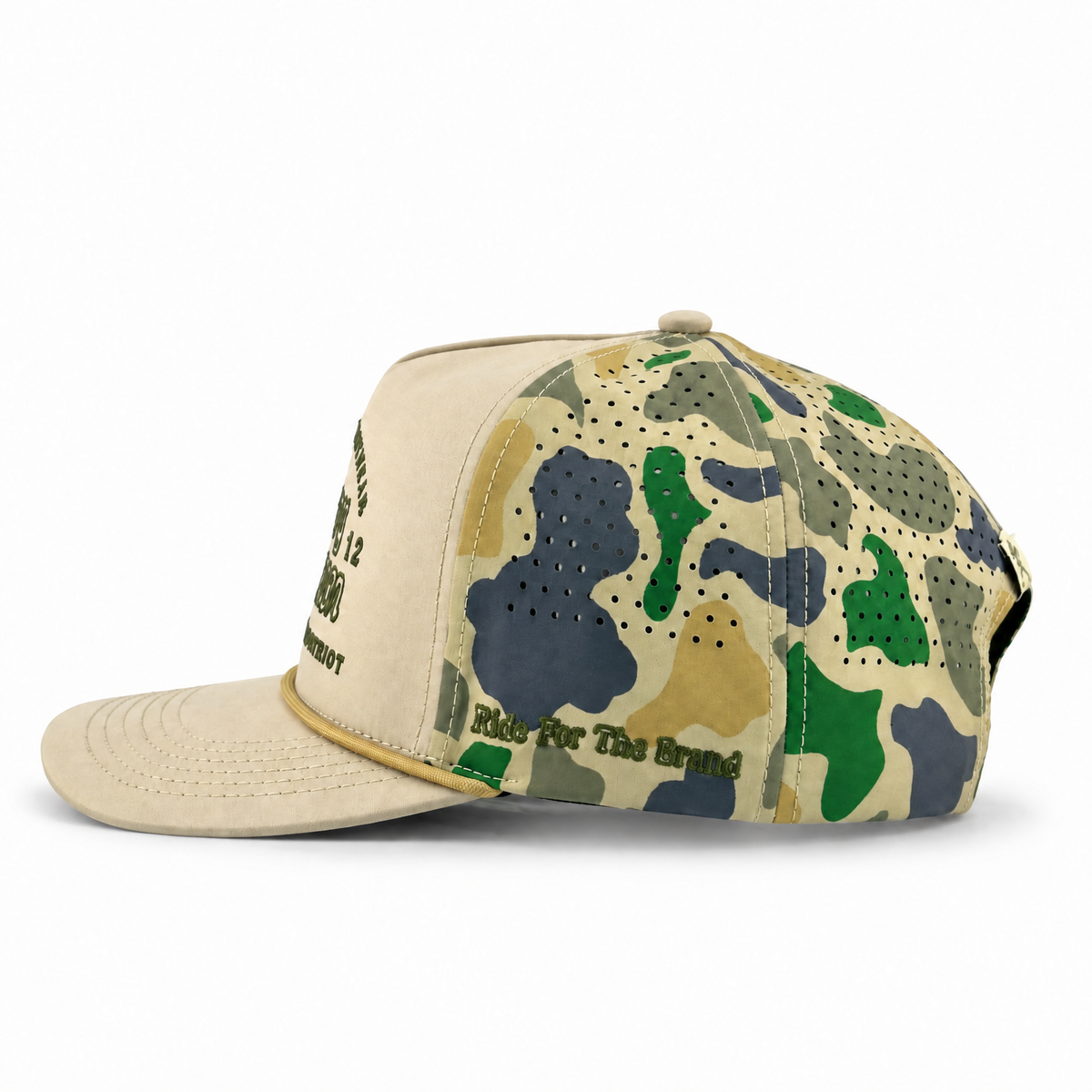 Cowboy Revolution The Point "Western Streetwear" Logo in Khaki / Duck Camo, side detail close-up