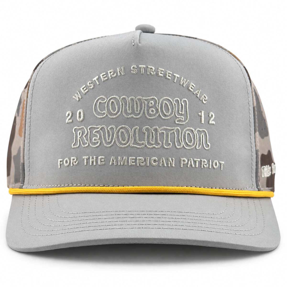 Cowboy Revolution The Point "Western Streetwear" Logo in Grey / Marshland Camo, angled front view