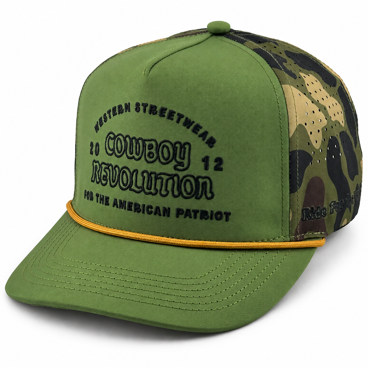 Cowboy Revolution The Point "Western Streetwear" Logo in Green / Woodland Camo, angled front view