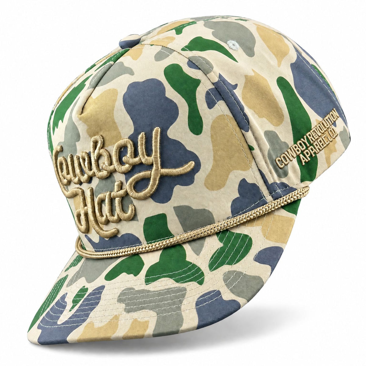 Duck Camo Script Cowboy Hat 5-panel trucker hat - 3/4 view with side embroidery on white