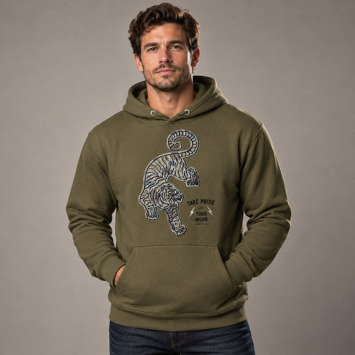 Cowboy Code #2 Work hoodie worn by male model in studio