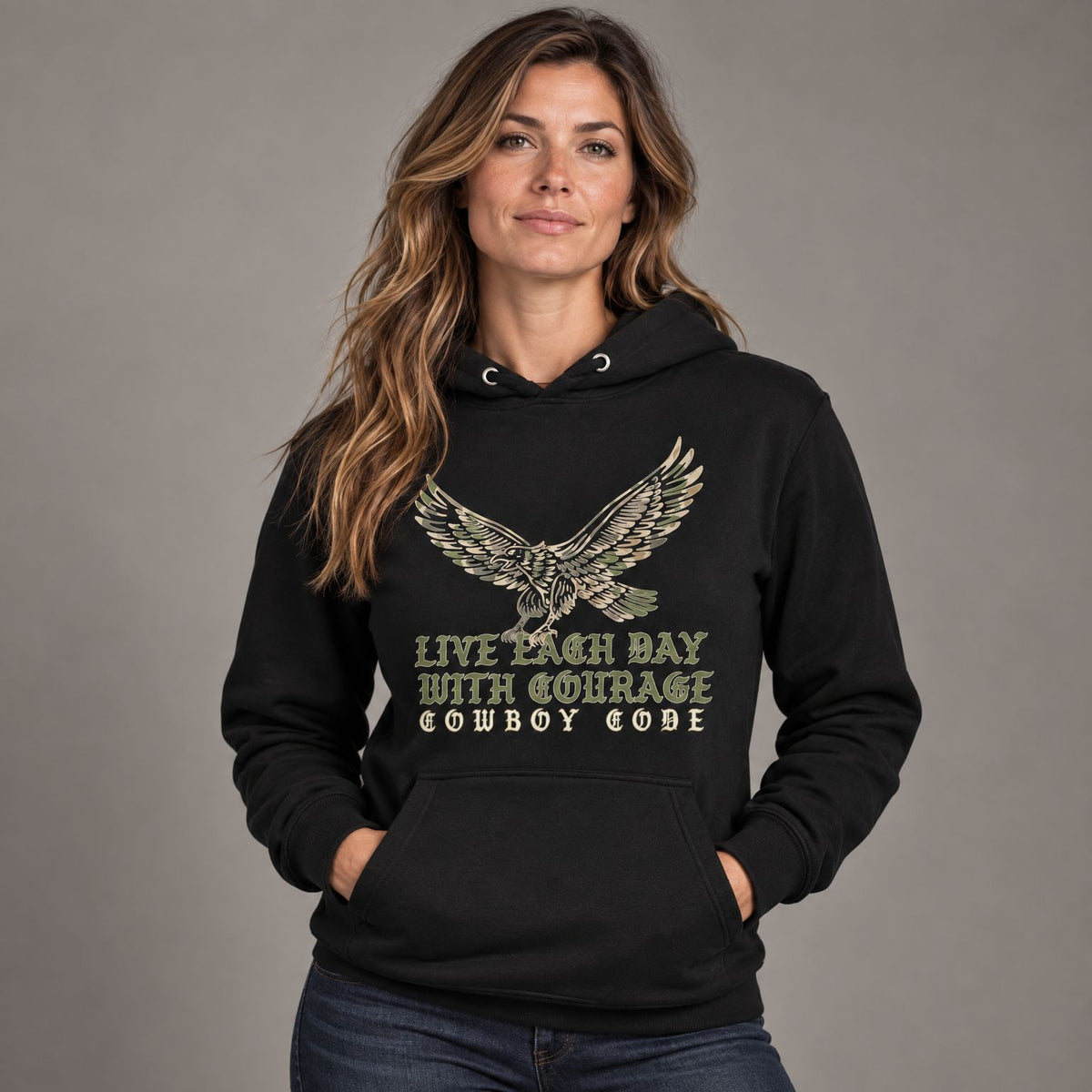 Cowboy Code #1 Courage hoodie worn by female model in studio