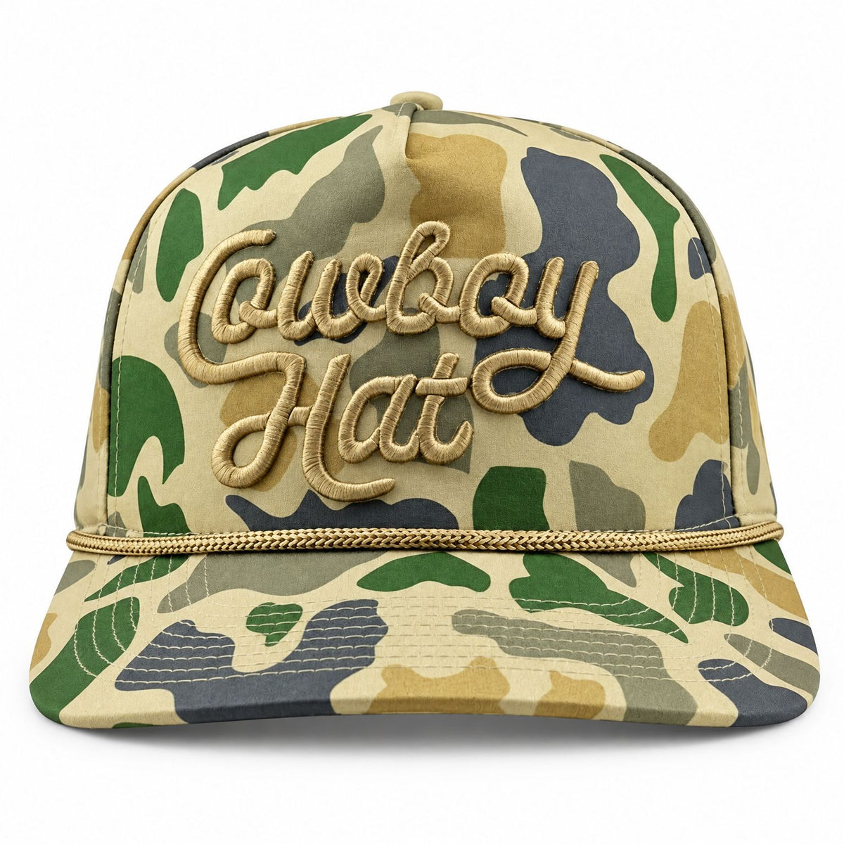 Duck Camo Script Cowboy Hat 5-panel trucker hat - front view on white