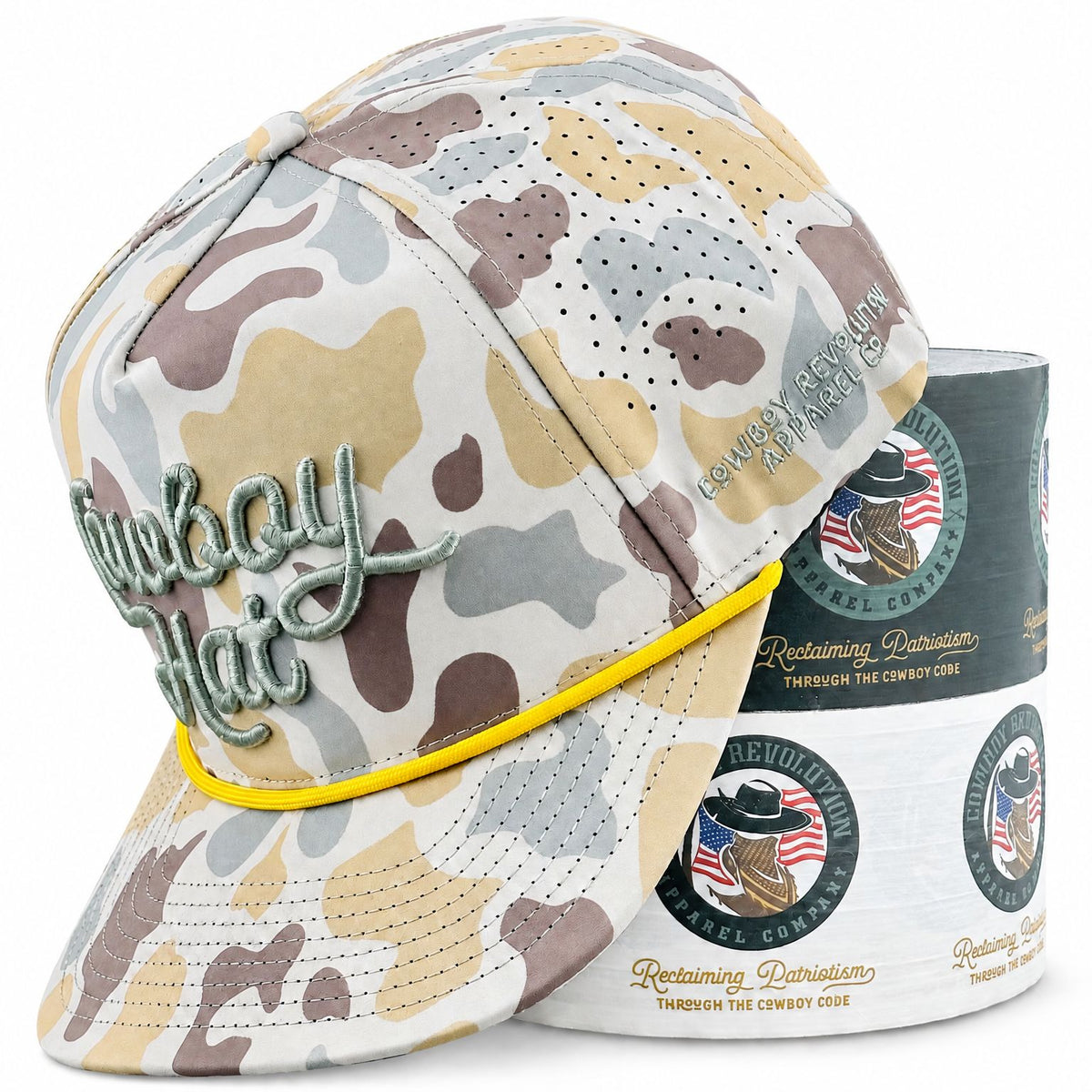 Marshland Camo Script Cowboy Hat performance rope hat on Cowboy Revolution display stand, on white