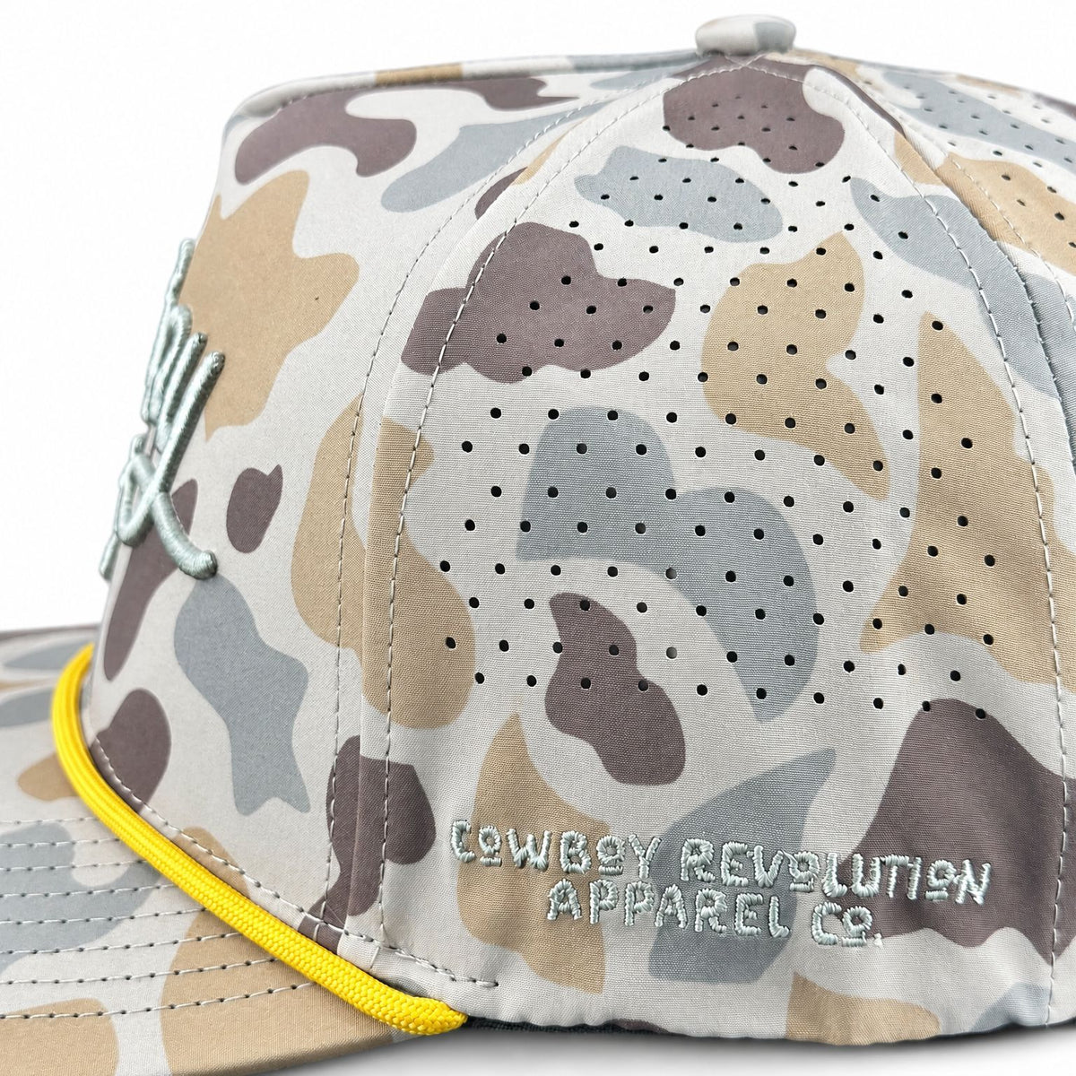 Marshland Camo Script Cowboy Hat performance rope hat - side panel embroidery detail on white